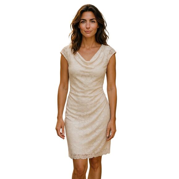 Ronni Nicole Vintage Women’s Cream Lace Cowl Neck Sheath Dress size 8 - Picture 1 of 7